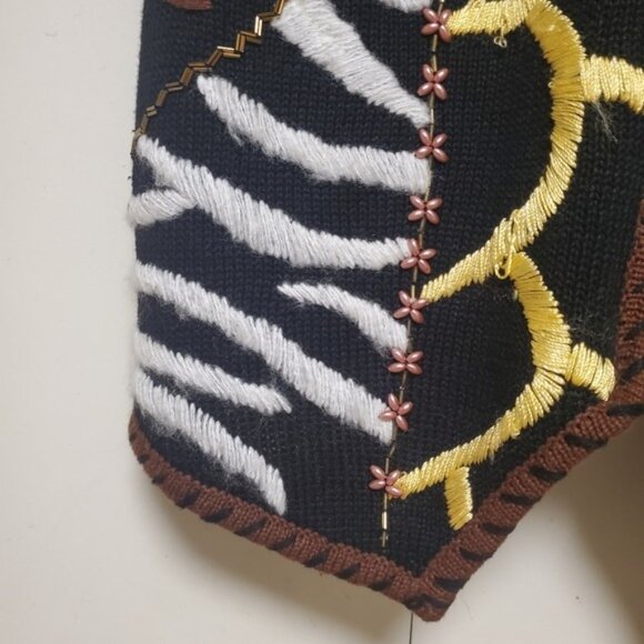 Vintage Embroidered Knit Vest Zip Up Animal Leopard Zebra - Picture 8 of 16